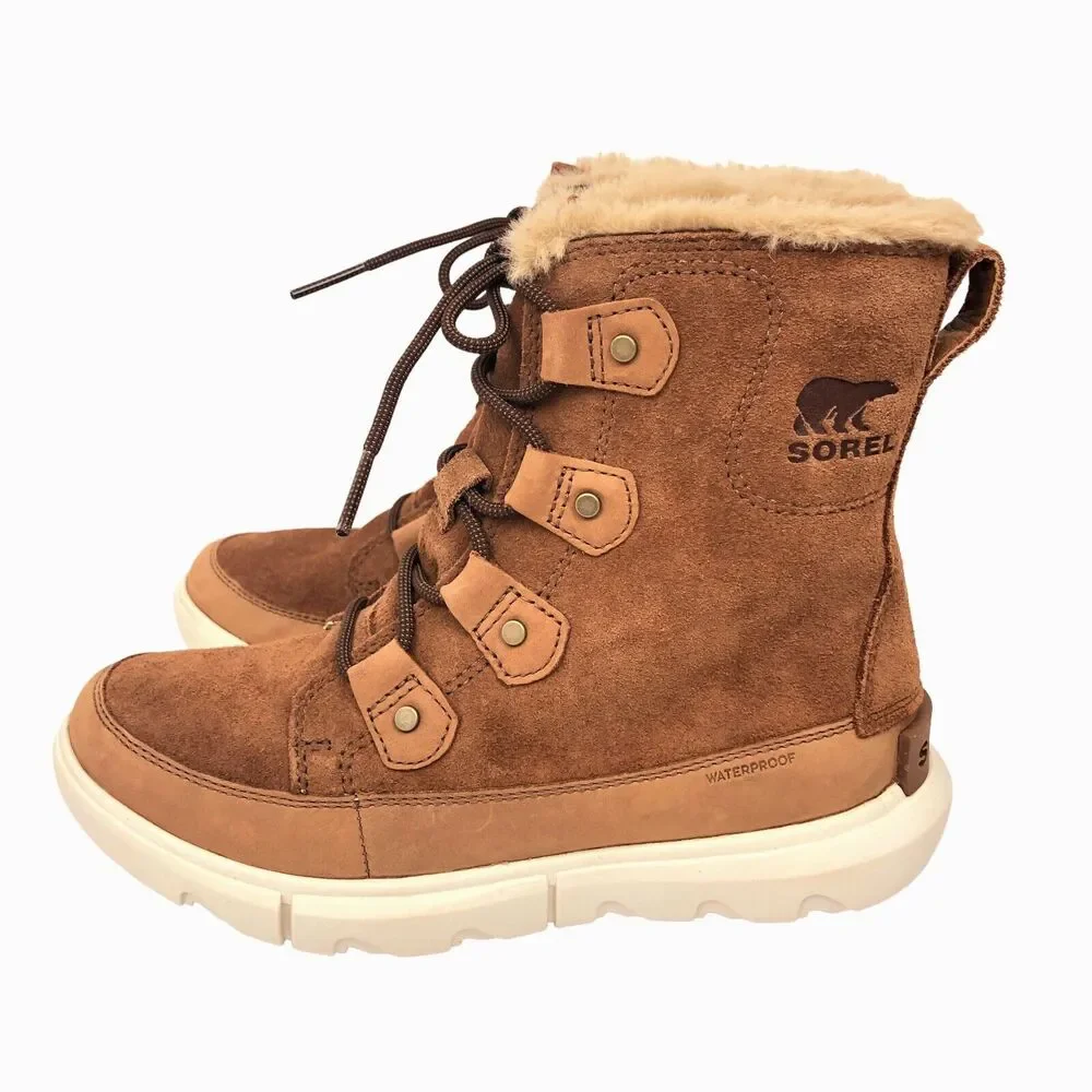 New NoBox Sorel Explorer II Joan Faux Fur Waterproof Boots Brown Suede Leather 7